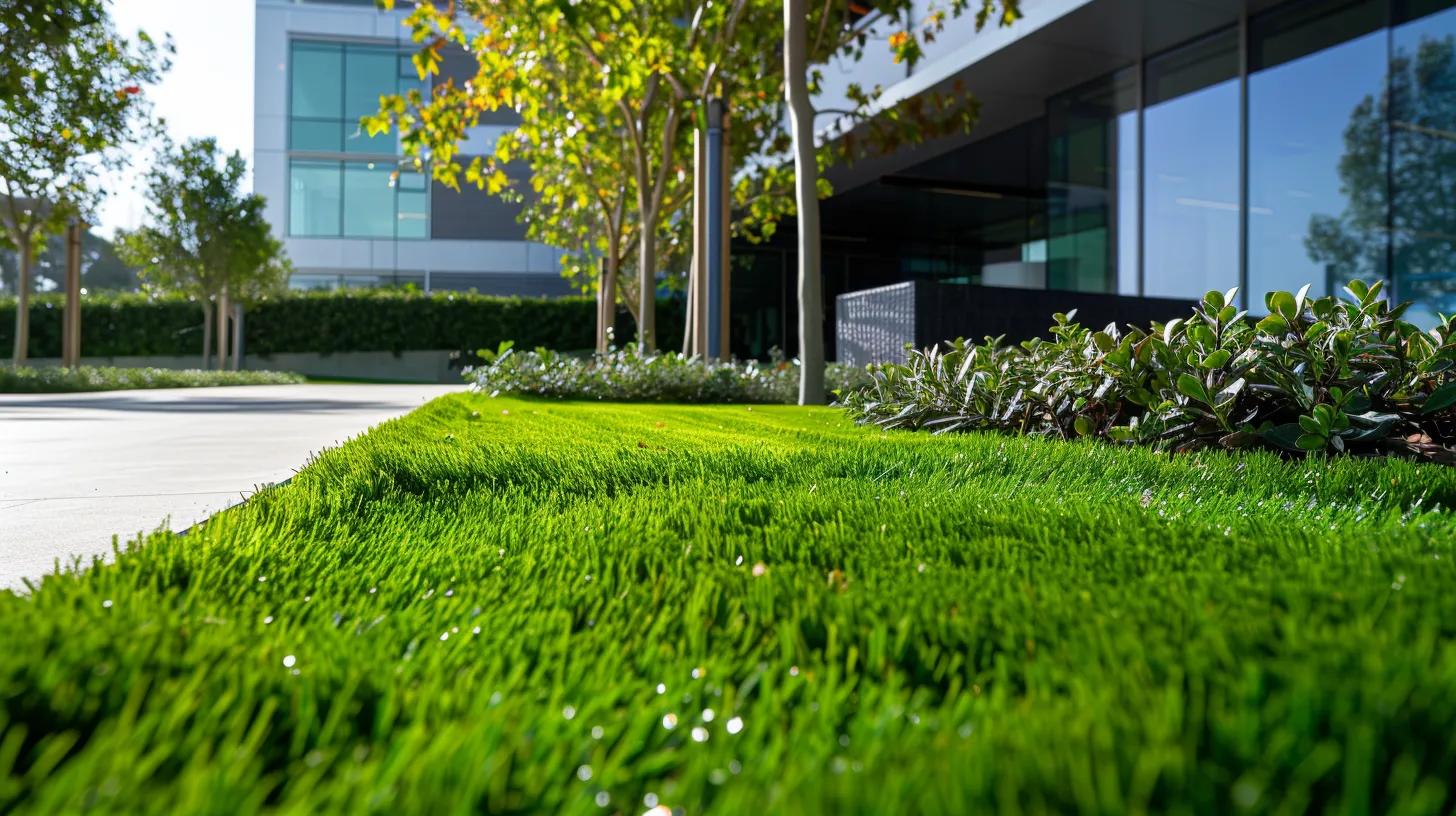 a modern urban landscape features a well-manicured, water-efficient lawn adjacent to a sleek office building, showcasing innovative irrigation systems and drought-resistant grass, emphasizing sustainability amidst growing water scarcity concerns. a modern urban landscape features a well-manicured, water-efficient lawn adjacent to a sleek office building, showcasing innovative irrigation systems and drought-resistant grass, emphasizing sustainability amidst growing water scarcity concerns.