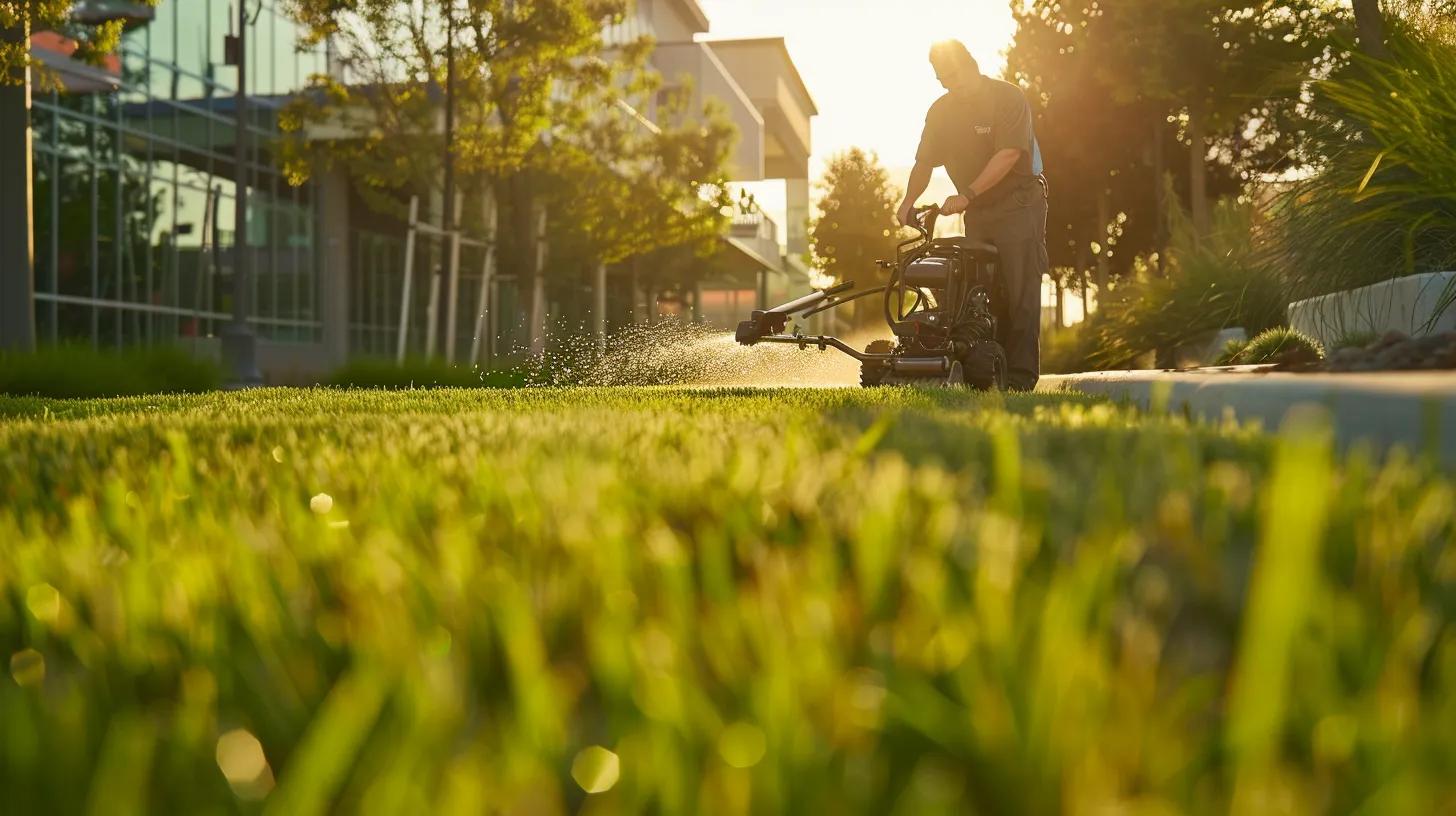 a modern urban landscape features a skilled technician using advanced aeration and overseeding equipment on a meticulously maintained commercial lawn, showcasing the precision and technique involved in turf management.