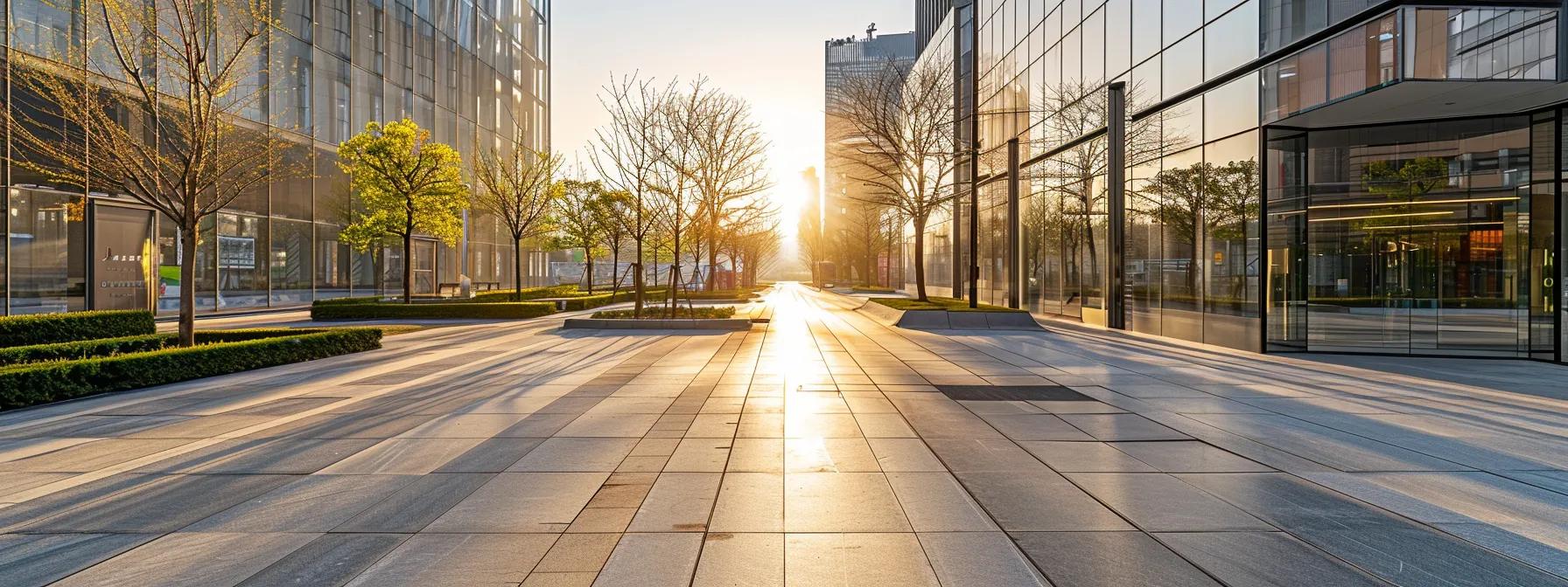a modern urban landscape showcases durable, eco-friendly hardscape materials seamlessly integrated into a bustling streetscape, highlighting their strength and aesthetic appeal against a backdrop of contemporary architecture.
