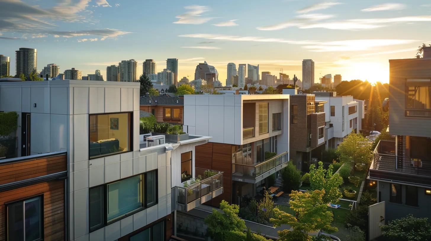 a modern urban neighborhood showcases several accessory dwelling units (adus) with sleek architectural designs, highlighting the impact of zoning laws on contemporary home features against a backdrop of city buildings.
