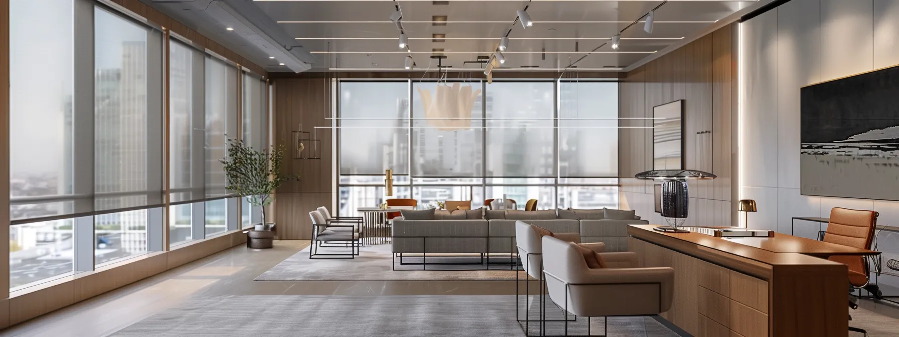a modern urban office interior showcases elegant custom window shades in various fabric textures and opacity, enhancing privacy while filtering soft, controlled light through sleek, minimalist décor. a modern urban office interior showcases elegant custom window shades in various fabric textures and opacity, enhancing privacy while filtering soft, controlled light through sleek, minimalist décor.