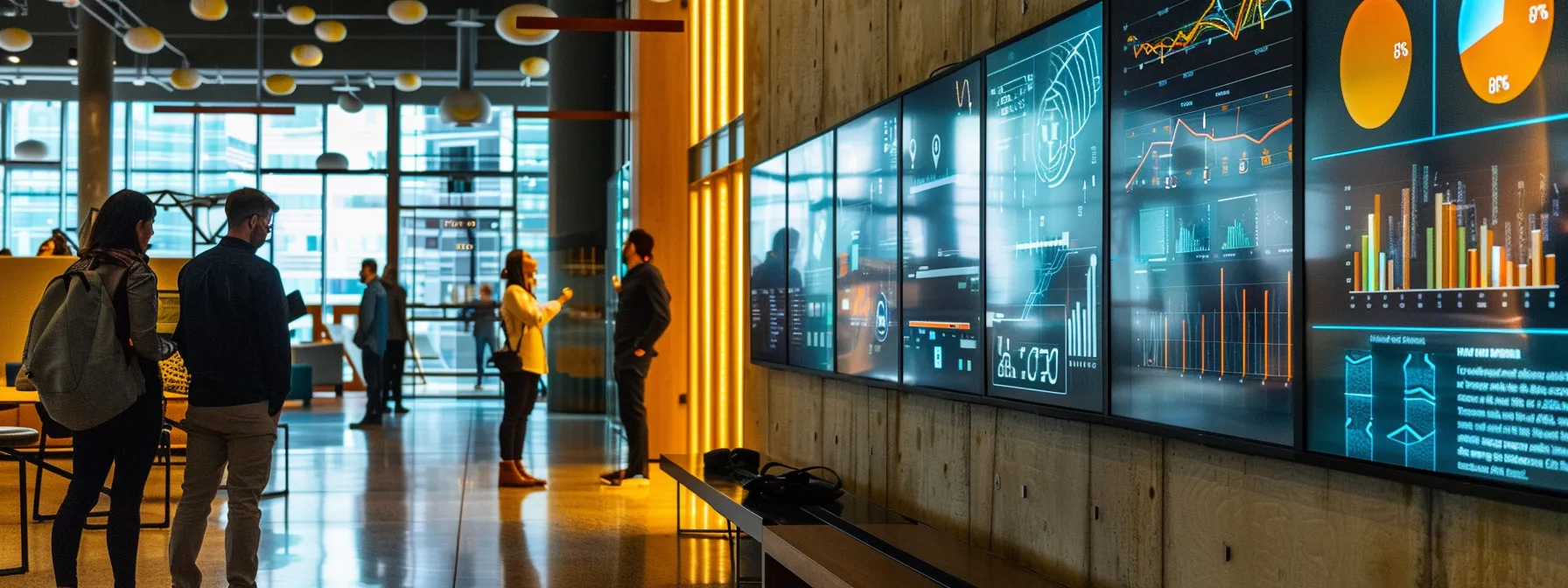 a modern urban office setting showcases a vibrant digital display presenting real-time marketing analytics and strategy graphics, reflecting the dynamic engagement of two brands adapting to market demands and privacy challenges.