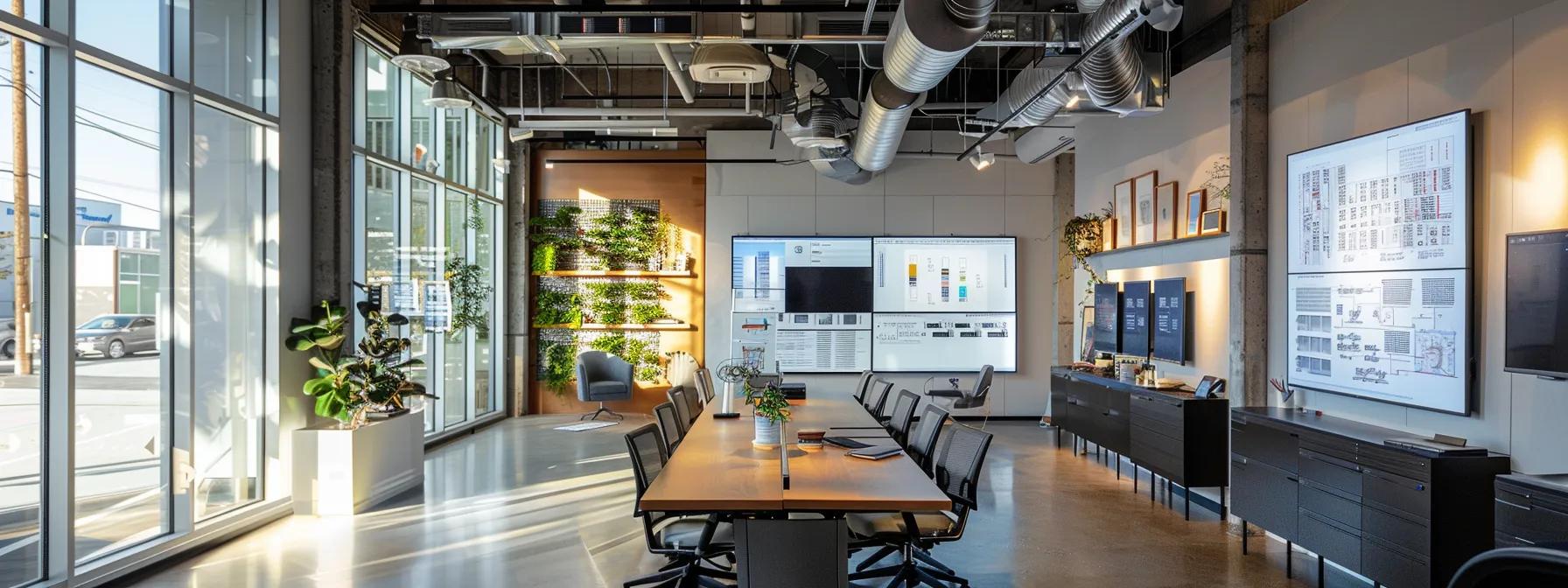 a modern urban office space features a sleek conference table surrounded by dynamic presentations on solar financing strategies, illuminated by bright overhead lighting and showcasing architectural blueprints on the walls.