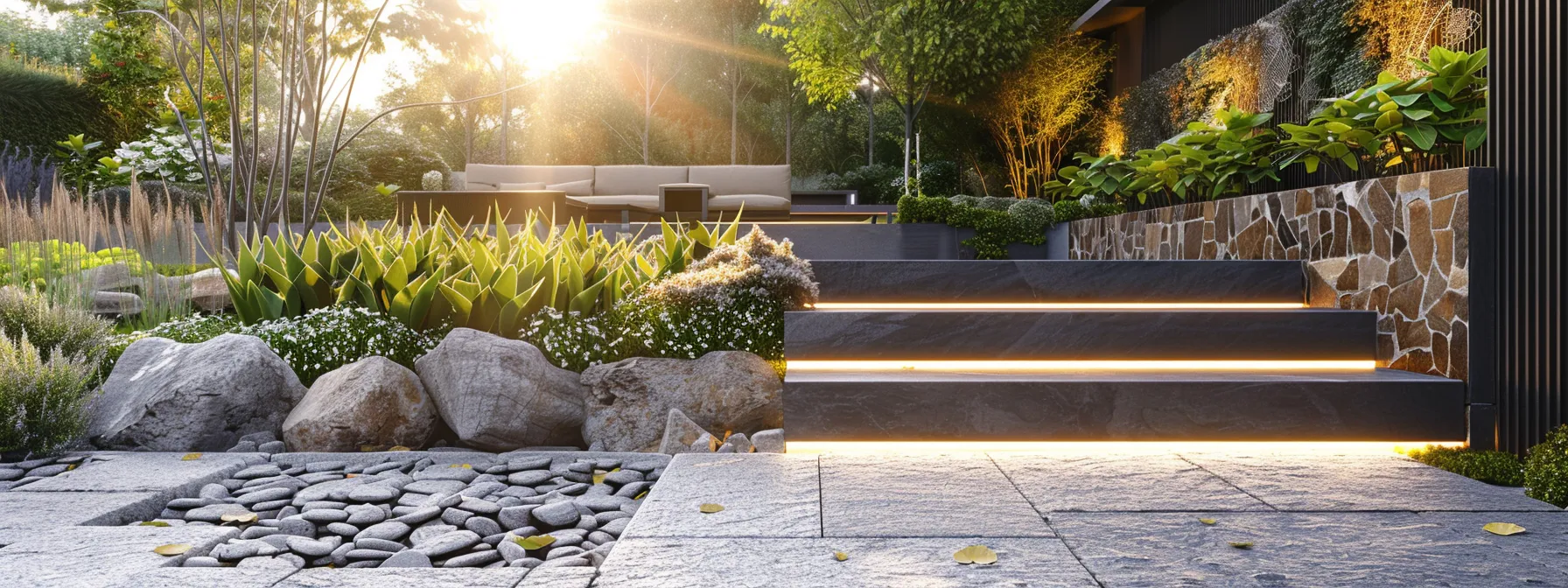 a modern urban outdoor space showcases polished stone hardscaping meticulously maintained using eco-friendly techniques, with tools and organic materials subtly placed nearby to emphasize sustainability and longevity in landscape design. a modern urban outdoor space showcases polished stone hardscaping meticulously maintained using eco-friendly techniques, with tools and organic materials subtly placed nearby to emphasize sustainability and longevity in landscape design.