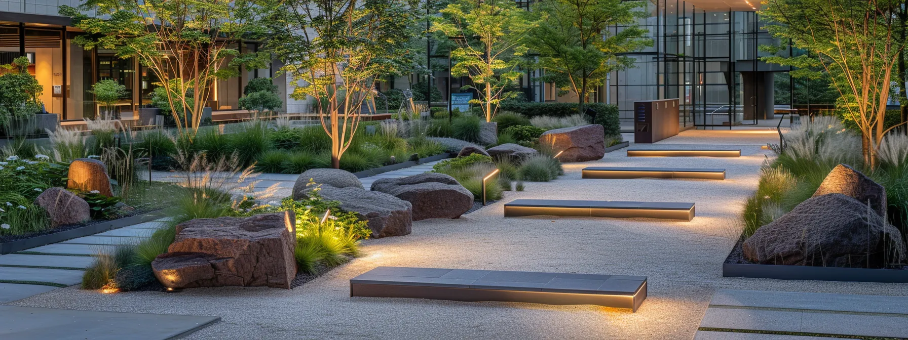 a modern urban outdoor space showcases innovative eco-friendly hardscape solutions, featuring sleek recycled stone pathways and sustainable decorative features, bathed in warm evening light that emphasizes their unique textures and colors. a modern urban outdoor space showcases innovative eco-friendly hardscape solutions, featuring sleek recycled stone pathways and sustainable decorative features, bathed in warm evening light that emphasizes their unique textures and colors.