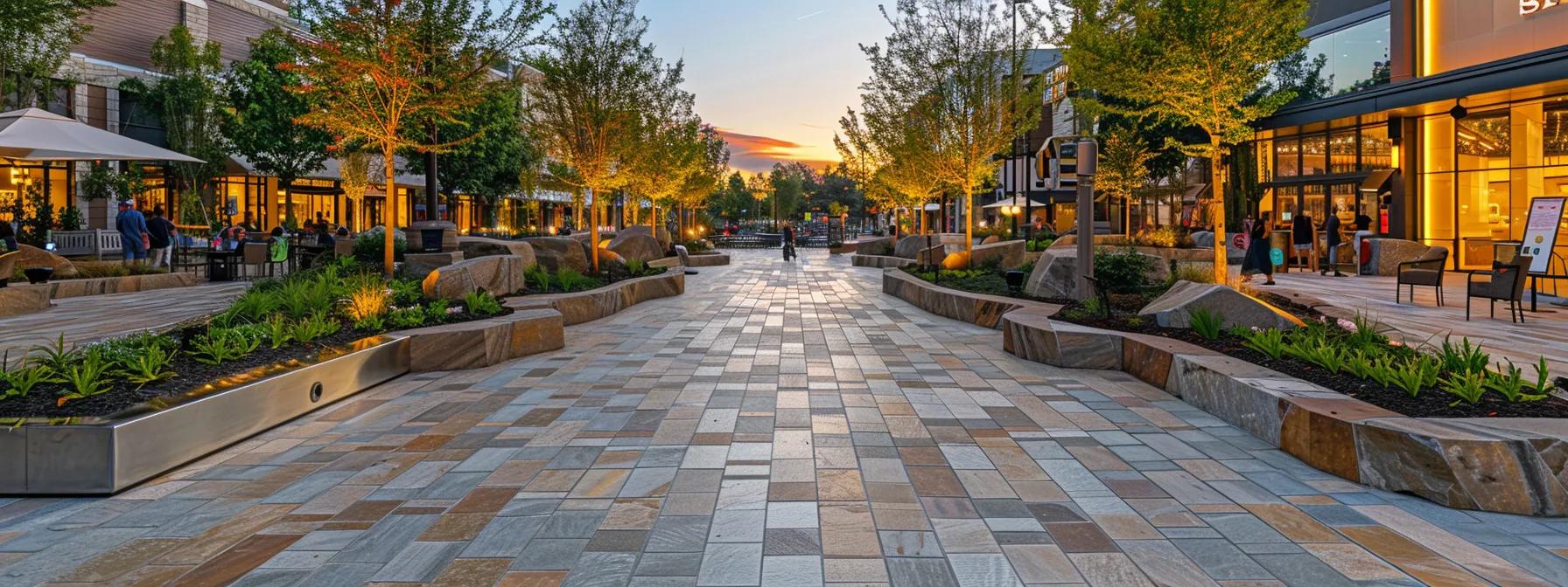a modern urban plaza showcases an array of eco-friendly hardscape materials, featuring sleek pervious pavers interwoven with reclaimed stone walkways, all under warm, ambient artificial lighting that highlights their unique textures and colors.
