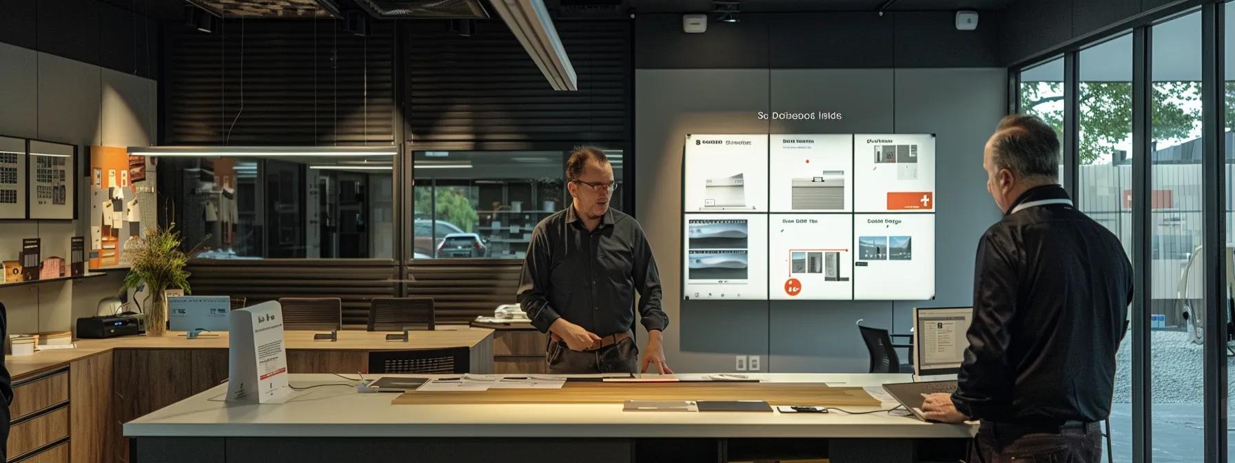 a modern urban roofing inspection office with a large, detailed display table illuminated by warm lighting, showcasing various roof warning signs and their characteristics, while a concerned homeowner engages in conversation with a professional inspector. a modern urban roofing inspection office with a large, detailed display table illuminated by warm lighting, showcasing various roof warning signs and their characteristics, while a concerned homeowner engages in conversation with a professional inspector.