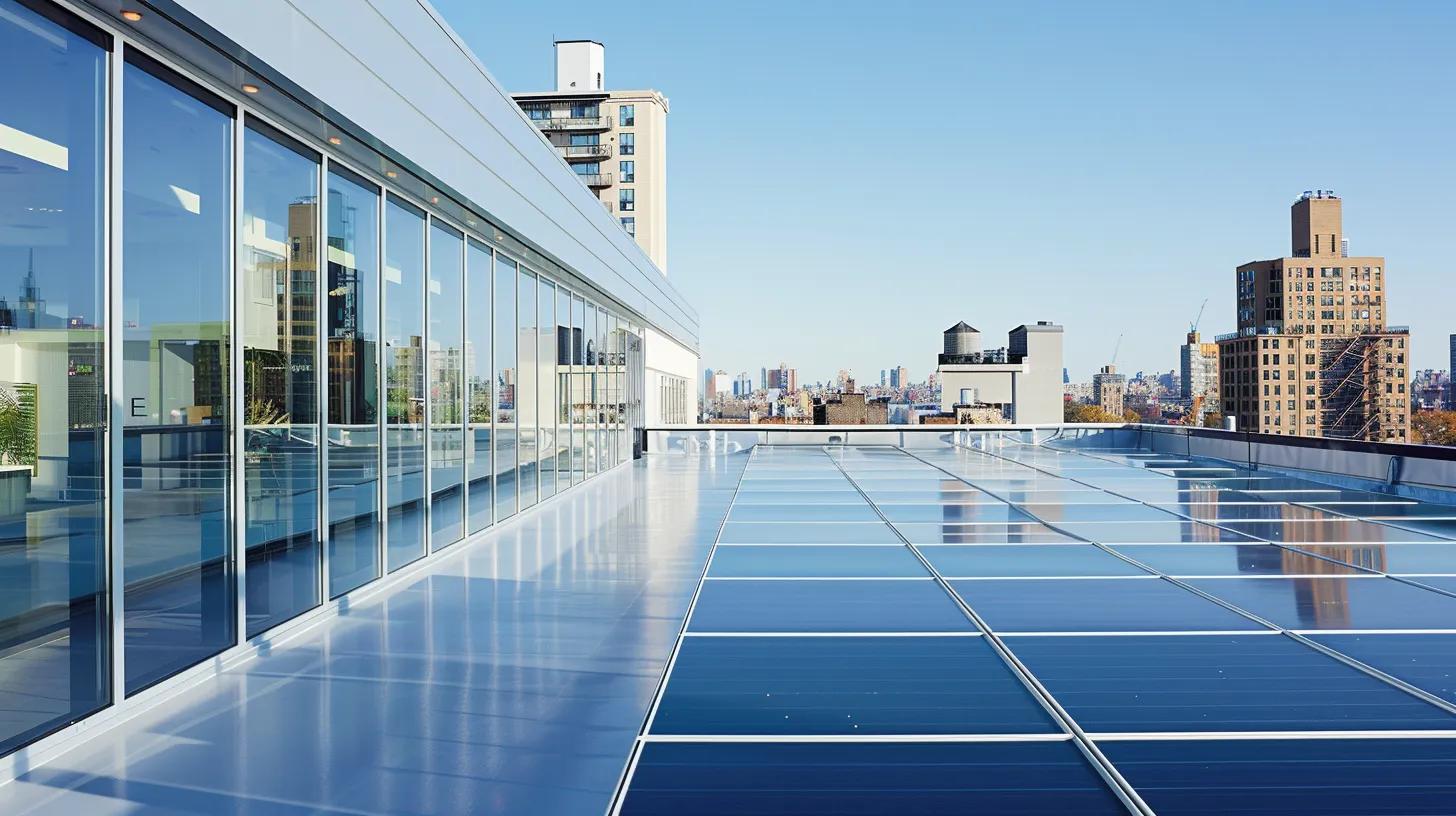 a modern urban rooftop adorned with sleek white reflective coatings and an efficient ridge-vent system, showcasing energy-efficient roofing technology under a bright, clear sky while emphasizing sustainability and innovation in building maintenance.