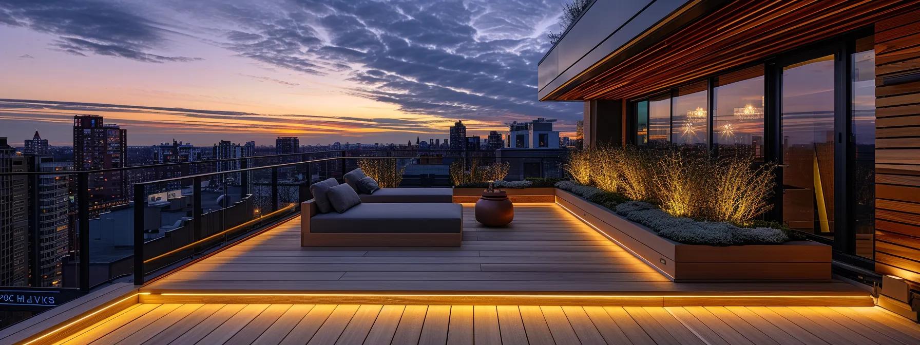 a modern urban rooftop deck showcases a seamless combination of treated lumber and sleek composite materials, emphasizing aesthetic elegance and durability under a twilight sky, with subtle lighting highlighting the smooth surfaces and innovative design. a modern urban rooftop deck showcases a seamless combination of treated lumber and sleek composite materials, emphasizing aesthetic elegance and durability under a twilight sky, with subtle lighting highlighting the smooth surfaces and innovative design.