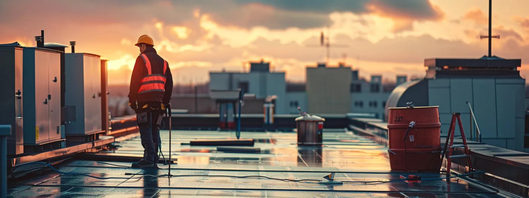 a modern urban rooftop equipped with maintenance tools and checklists, showcasing a professional inspecting the roofing surface for wear and necessary repairs under bright, artificial lighting. a modern urban rooftop equipped with maintenance tools and checklists, showcasing a professional inspecting the roofing surface for wear and necessary repairs under bright, artificial lighting.