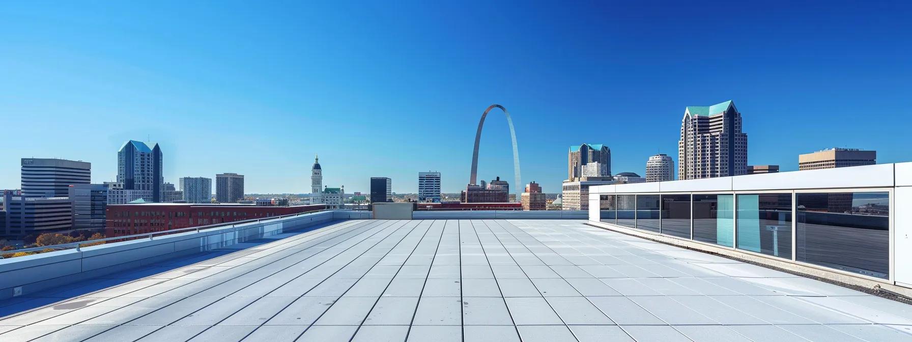 a modern urban rooftop in saint louis, showcasing sleek, energy-efficient roofing innovations under a clear blue sky, emphasizing sustainability and climate control in a vibrant cityscape. a modern urban rooftop in saint louis, showcasing sleek, energy-efficient roofing innovations under a clear blue sky, emphasizing sustainability and climate control in a vibrant cityscape.