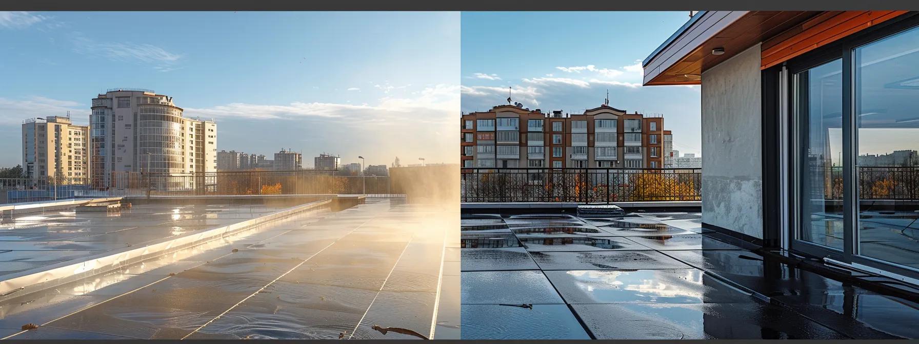 a modern urban rooftop setting showcasing a contrast between two cleaning methods, with one side depicting a pressure washing team using high-powered equipment, and the other side illustrating a meticulous soft washing crew applying eco-friendly solutions, under a clear blue sky emphasizing the efficiency and impact of each method on the roofing materials. a modern urban rooftop setting showcasing a contrast between two cleaning methods, with one side depicting a pressure washing team using high-powered equipment, and the other side illustrating a meticulous soft washing crew applying eco-friendly solutions, under a clear blue sky emphasizing the efficiency and impact of each method on the roofing materials.