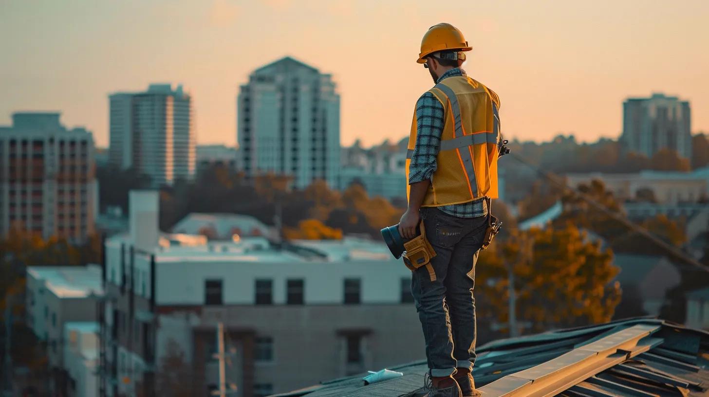 a modern urban rooftop showcasing a skilled roofing contractor meticulously inspecting a newly installed shingle roof under bright artificial lighting, with the skyline of johns creek, ga subtly blurred in the background to highlight the professional craftsmanship.