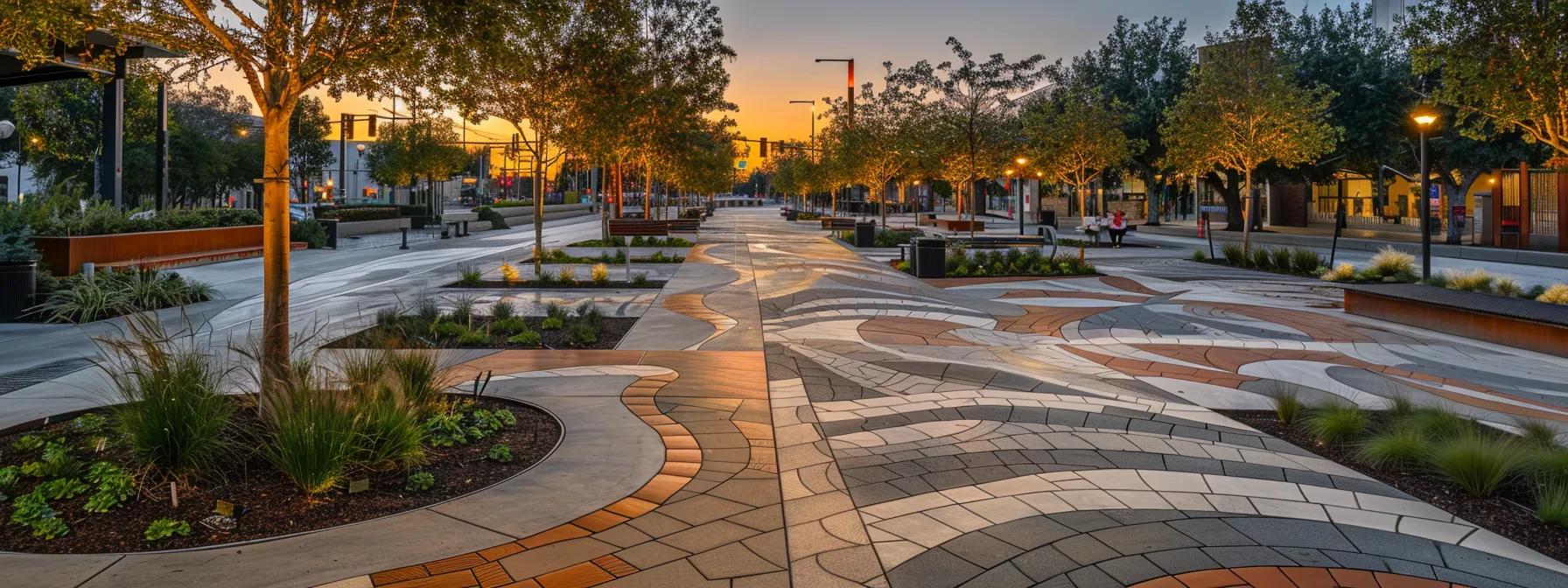 a modern urban sacramento streetscape showcases innovative stamped and decorative concrete patterns, highlighting sustainable design elements with striking visual appeal under the warm glow of evening lights.