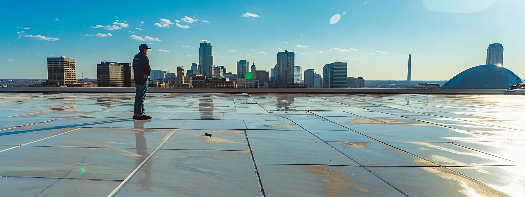 a modern, urban setting in saint louis showcases a professional roof inspection in progress, with an inspector assessing the condition of a striking architectural roof against the backdrop of the city skyline, highlighted by clear blue skies. a modern, urban setting in saint louis showcases a professional roof inspection in progress, with an inspector assessing the condition of a striking architectural roof against the backdrop of the city skyline, highlighted by clear blue skies.
