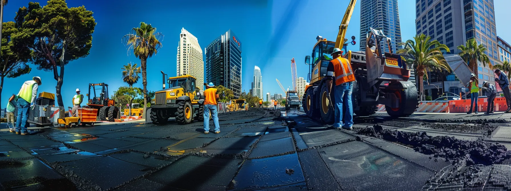 a modern urban street scene showcases construction workers installing vibrant, recycled asphalt pavement, with sustainable technology equipment in the background and san diego's skyline under bright midday sunlight.