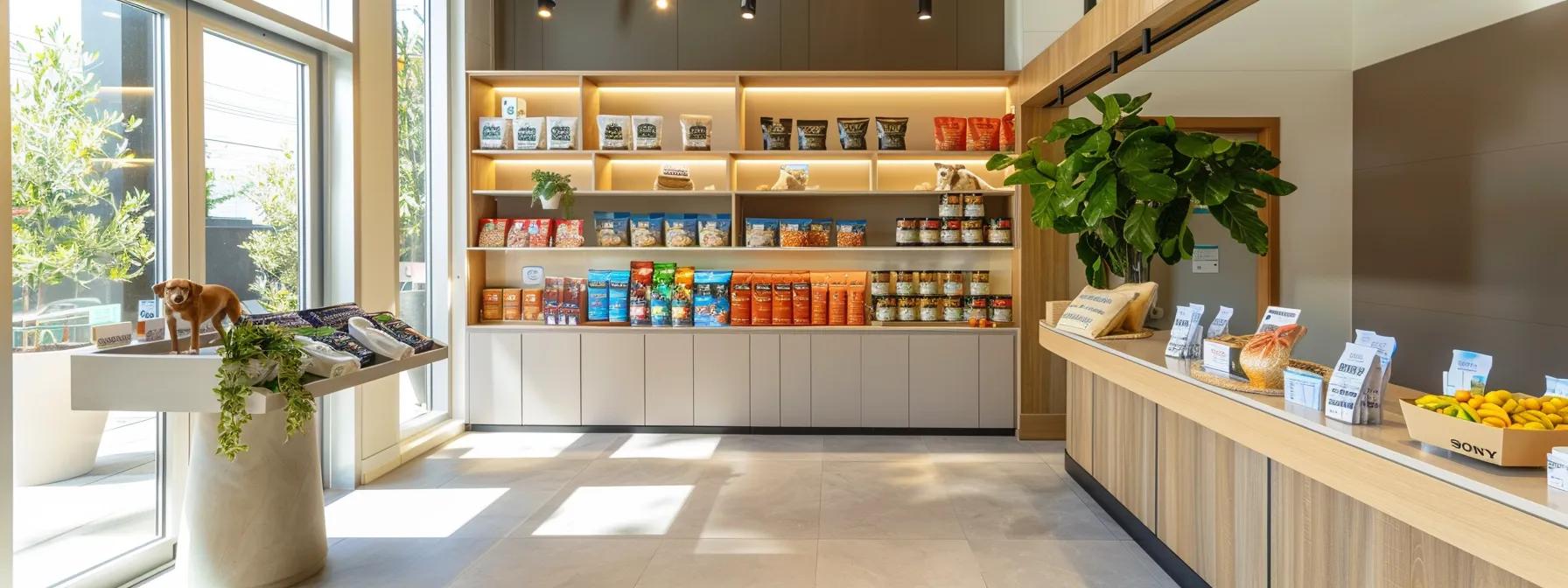 a modern veterinary clinic with a sleek, minimalist design showcases a vibrant display of nutritious dog food bags prominently labeled for their health benefits, reflecting an emphasis on muscle growth, digestive wellness, and weight management. a modern veterinary clinic with a sleek, minimalist design showcases a vibrant display of nutritious dog food bags prominently labeled for their health benefits, reflecting an emphasis on muscle growth, digestive wellness, and weight management.