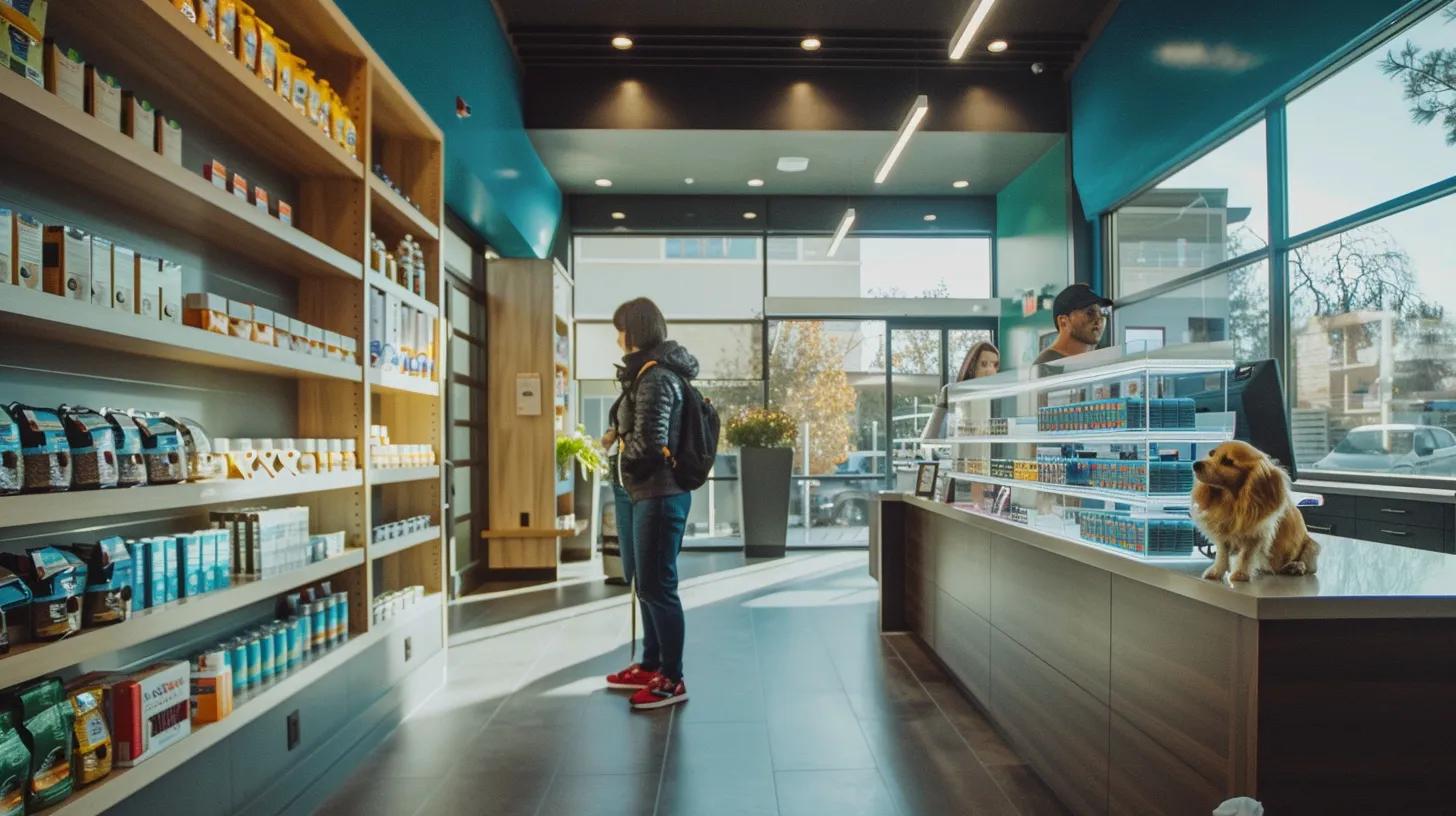 a modern veterinary office setting features a concerned dog owner consulting with a veterinarian, as shelves stocked with high-quality pet supplements, including salmon oil, provide a backdrop that emphasizes the importance of informed dietary choices for pets. a modern veterinary office setting features a concerned dog owner consulting with a veterinarian, as shelves stocked with high-quality pet supplements, including salmon oil, provide a backdrop that emphasizes the importance of informed dietary choices for pets.