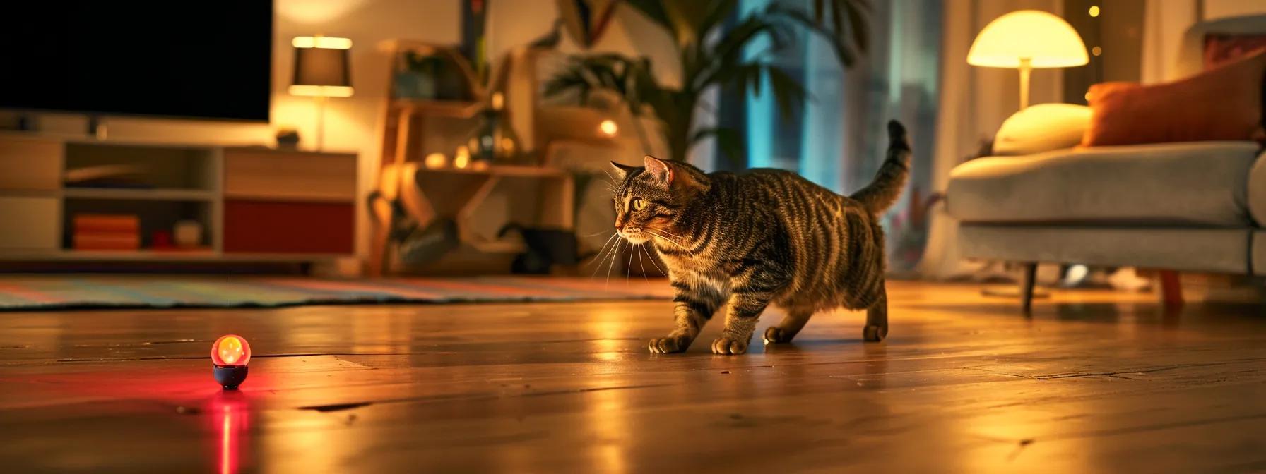 a modern, vibrant indoor living space features an array of high-tech smart toys, including an automatic laser pointer and a sensor-activated feather wand, capturing a playful cat darting across a sleek hardwood floor, illuminated by warm ambient lighting that emphasizes the lively interaction. a modern, vibrant indoor living space features an array of high-tech smart toys, including an automatic laser pointer and a sensor-activated feather wand, capturing a playful cat darting across a sleek hardwood floor, illuminated by warm ambient lighting that emphasizes the lively interaction.