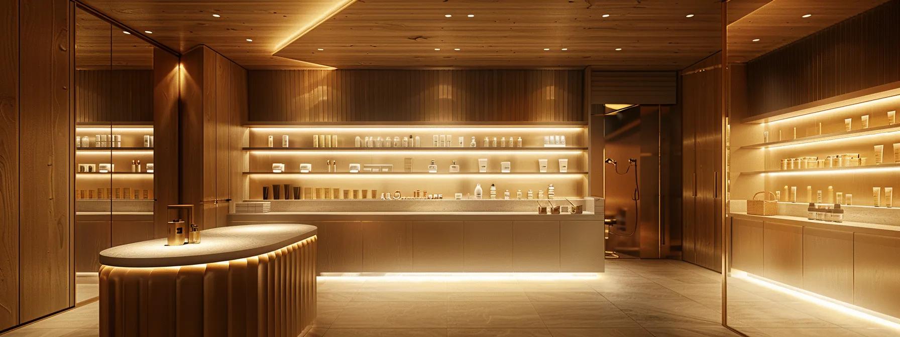 a modern waxing salon interior features sleek decor and pristine cleanliness, with a well-organized display of high-quality waxing products, illuminated by soft, warm lighting, creating an inviting atmosphere for clients seeking professional grooming services.