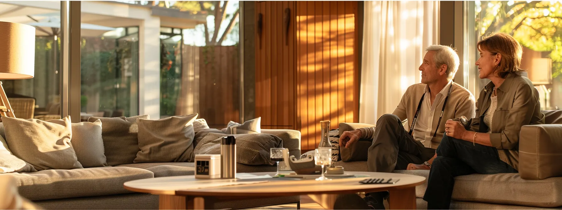 a modern, well-lit living room setting showcases a dynamic comparison between phonak and jabra hearing aids, with a couple in their 50s engaged in an animated discussion while examining two distinct devices placed on a sleek coffee table, emphasizing their practical differences in battery life and charging options.