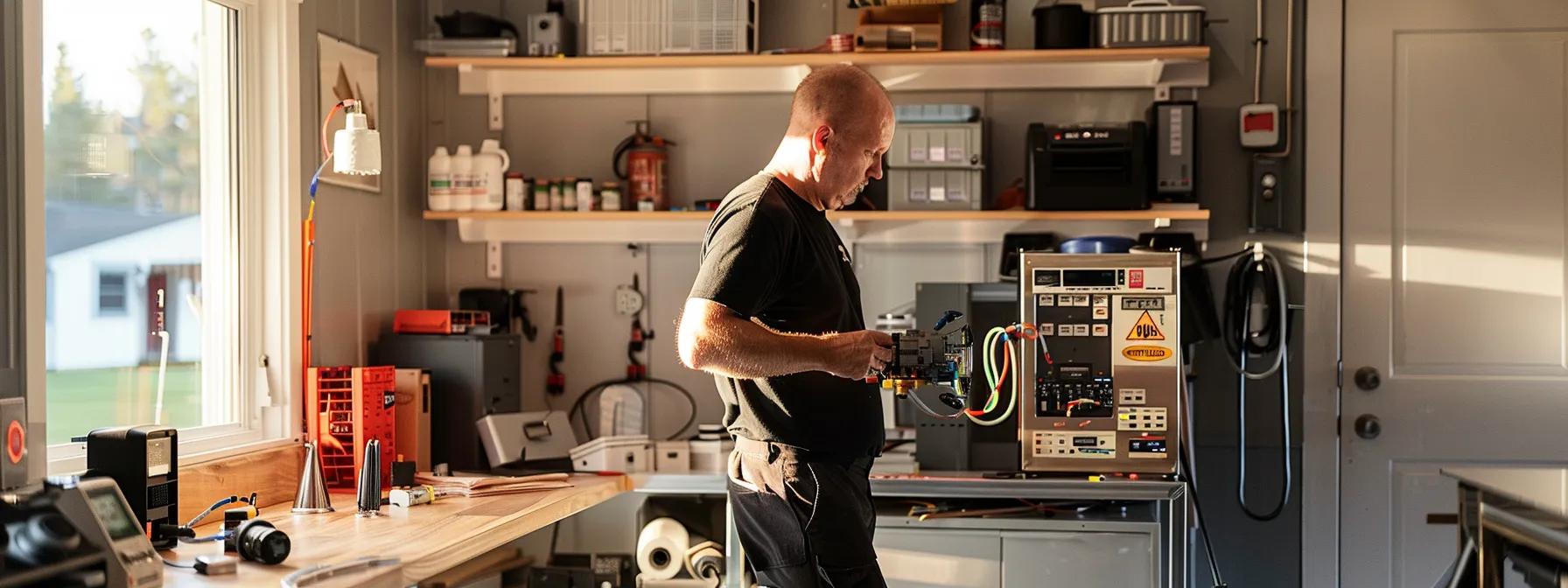 a modern, well-lit home interior in cape cod, showcasing a skilled electrician expertly inspecting a sleek electrical panel with essential tools neatly organized on a stylish workbench. a modern, well-lit home interior in cape cod, showcasing a skilled electrician expertly inspecting a sleek electrical panel with essential tools neatly organized on a stylish workbench.