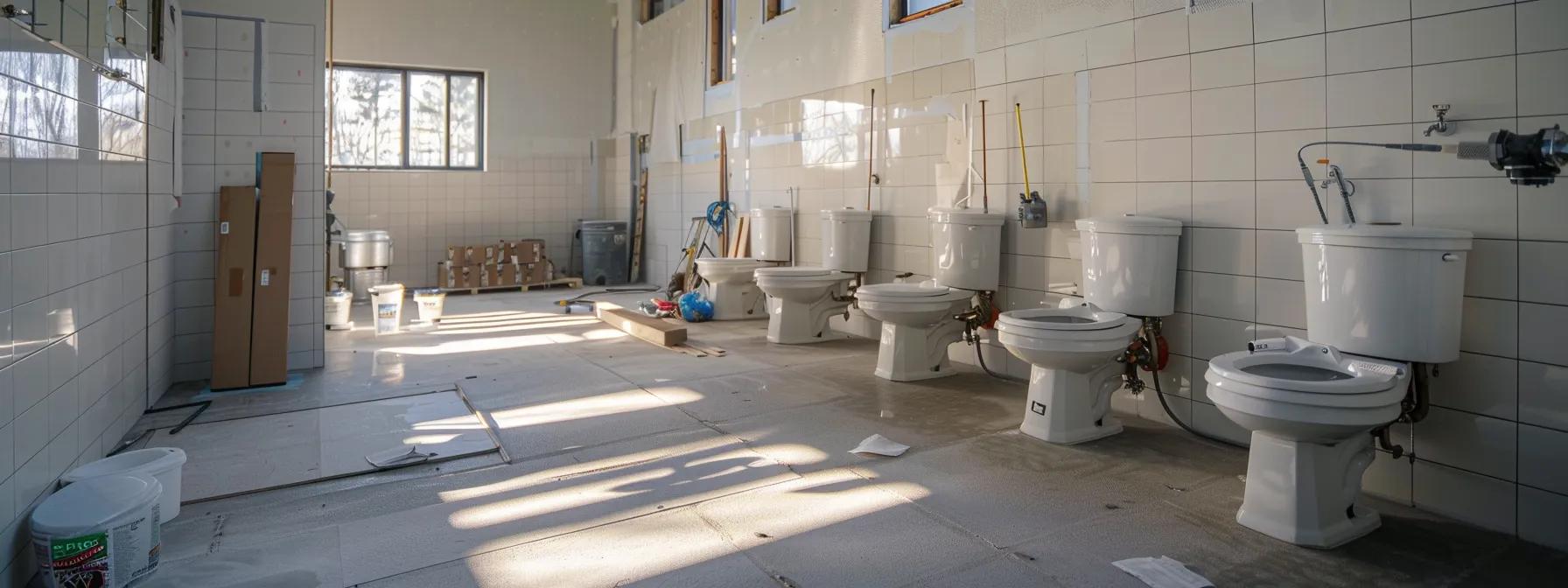 a modern, well-lit restroom renovation in progress showcases gleaming porcelain toilets being installed by skilled plumbers amidst fresh tiles and organized tools, capturing the essence of professional plumbing services. a modern, well-lit restroom renovation in progress showcases gleaming porcelain toilets being installed by skilled plumbers amidst fresh tiles and organized tools, capturing the essence of professional plumbing services.
