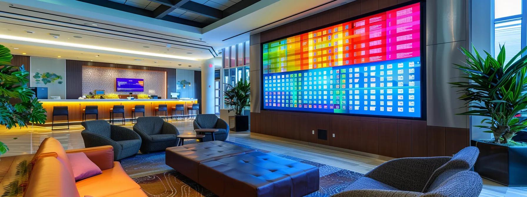 a modern, well-organized office space features a large digital screen displaying a colorful comparative table of summer camp options, with parents attentively discussing their children's interests amidst sleek furnishings and ambient lighting. a modern, well-organized office space features a large digital screen displaying a colorful comparative table of summer camp options, with parents attentively discussing their children's interests amidst sleek furnishings and ambient lighting.