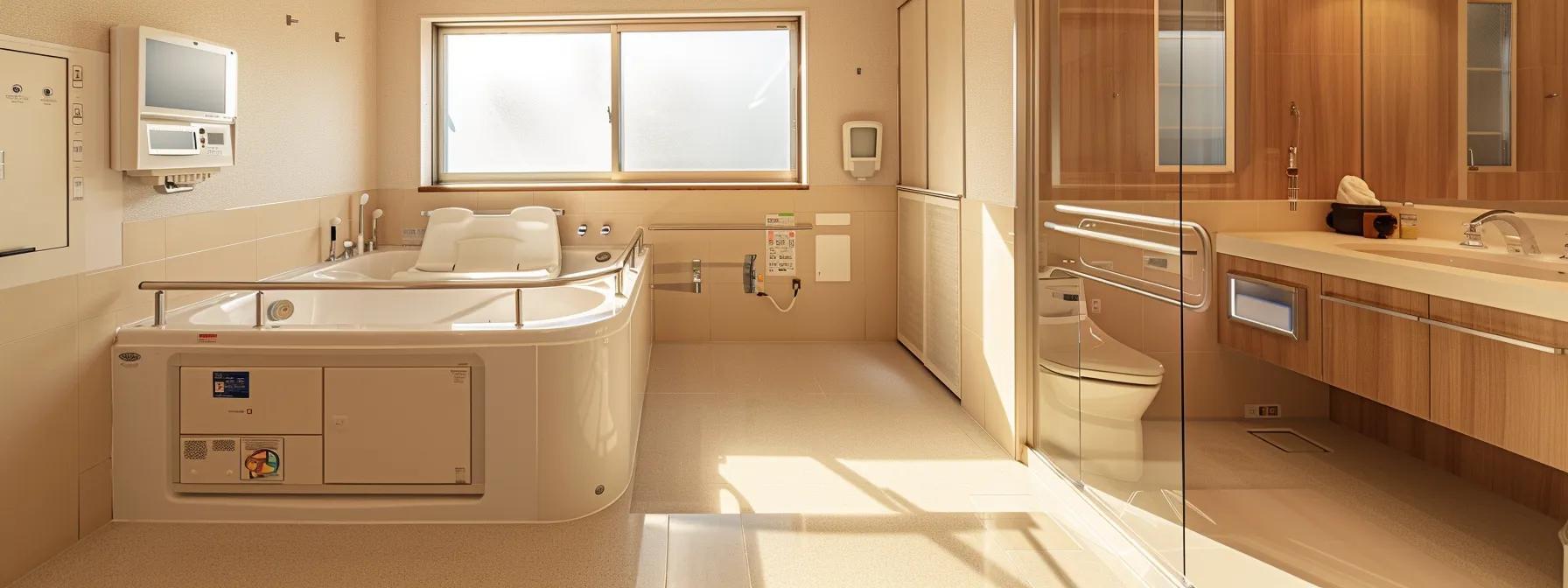 a modern, well-lit bathroom showcases a sleek walk-in tub with integrated safety features and grab bars, emphasizing a seamless installation process that prioritizes comfort and accessibility for seniors.