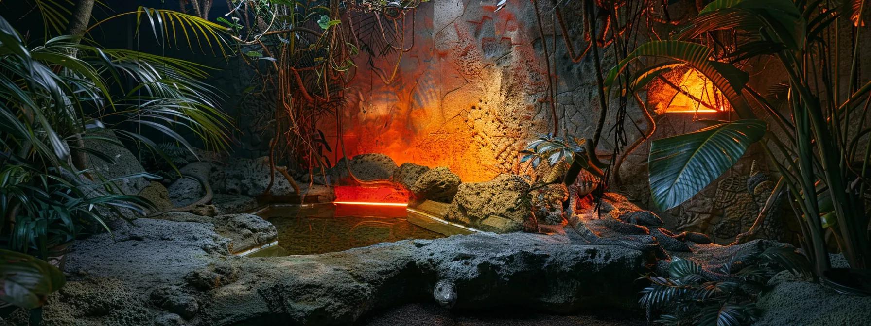 a modern, well-lit reptile vivarium showcases a variety of specialized heat lamps, each emitting distinct warm glows to illustrate their unique functions in supporting the health and thermoregulation of various reptiles. a modern, well-lit reptile vivarium showcases a variety of specialized heat lamps, each emitting distinct warm glows to illustrate their unique functions in supporting the health and thermoregulation of various reptiles.
