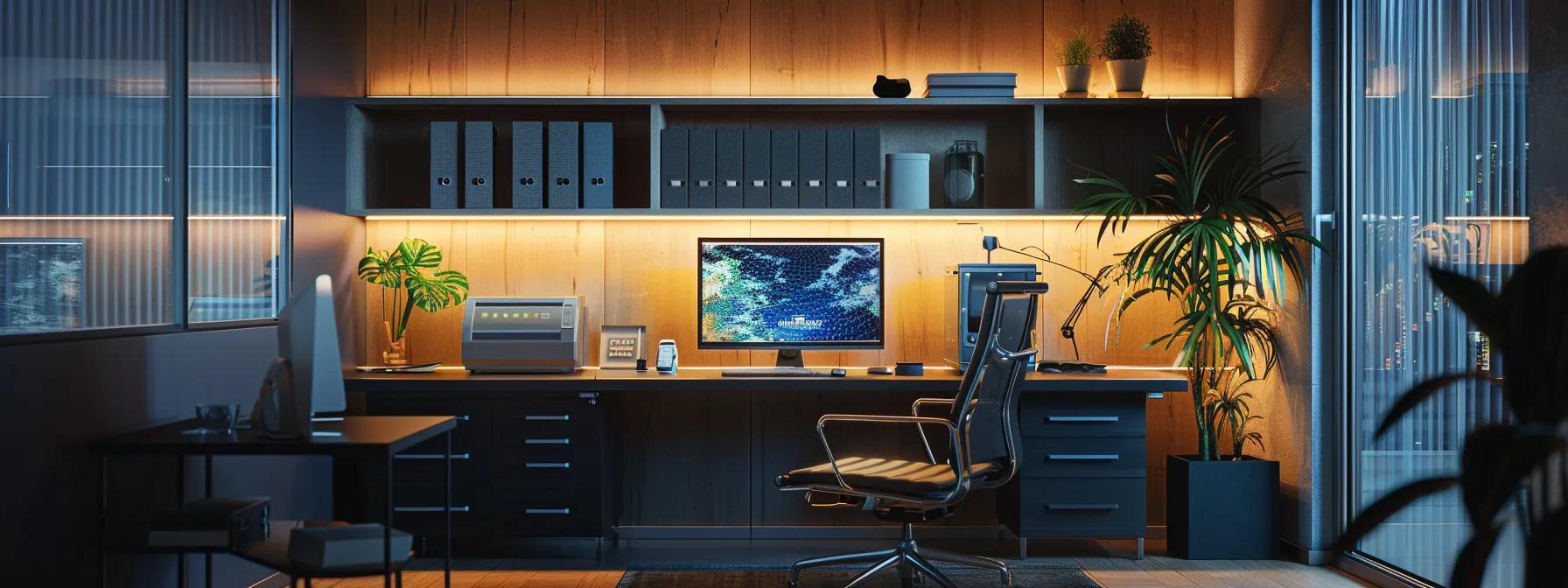 a modern, well-organized home office with a sleek climate control system prominently displayed, contrasting the backdrop of a digital weather map showcasing varying regional temperatures and humidity levels.