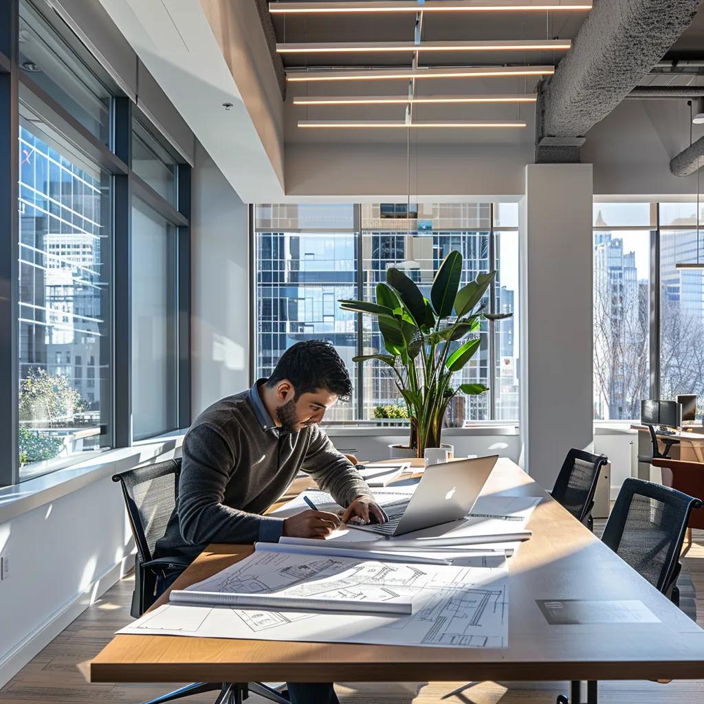 a modern, well-lit office space showcases a focused individual reviewing blueprints and contractor portfolios on a sleek desk, symbolizing the search for trustworthy local contractors for renovation projects.