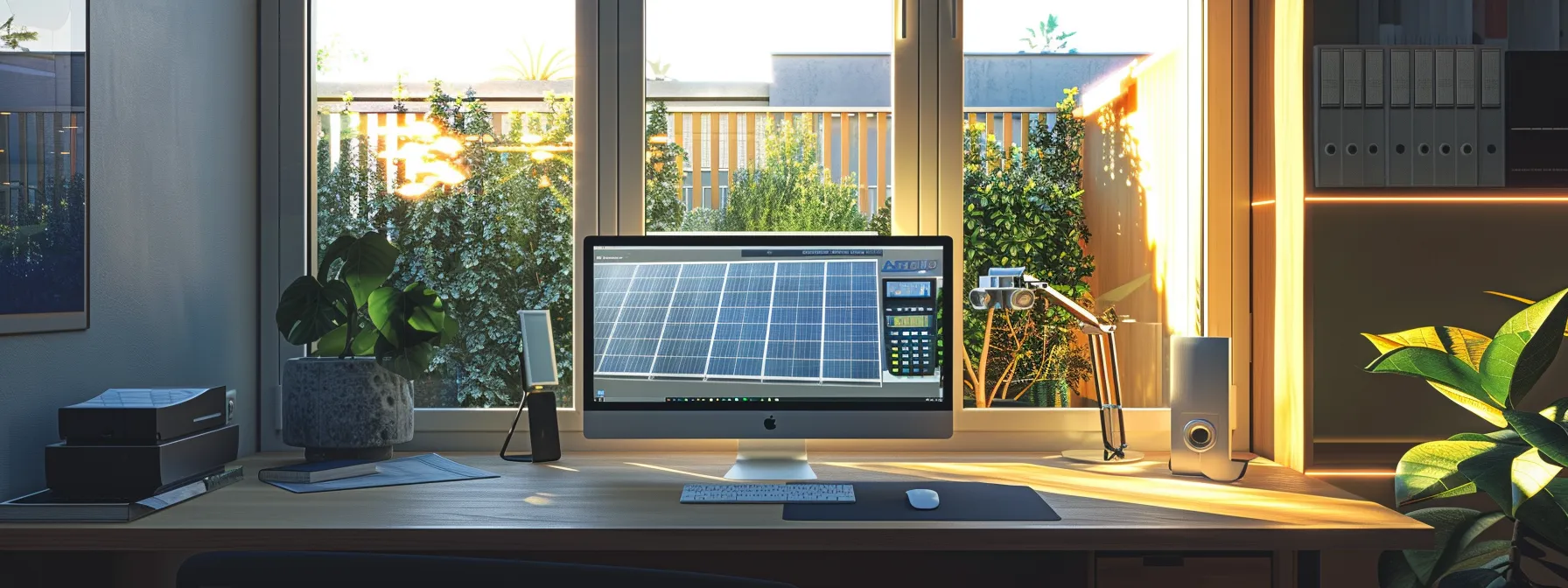 a modern, well-organized home office features a sleek desktop computer displaying a solar energy calculator, while a large window reveals a bright rooftop equipped with solar panels, symbolizing the transition to sustainable energy. a modern, well-organized home office features a sleek desktop computer displaying a solar energy calculator, while a large window reveals a bright rooftop equipped with solar panels, symbolizing the transition to sustainable energy.