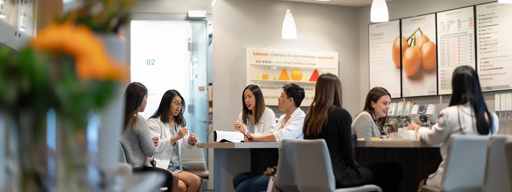 a modern, well-lit weight loss clinic interior showcases a diverse group of engaged clients discussing personalized treatment plans with professional dietitians, surrounded by informative charts and health resources emphasizing evidence-based practices. a modern, well-lit weight loss clinic interior showcases a diverse group of engaged clients discussing personalized treatment plans with professional dietitians, surrounded by informative charts and health resources emphasizing evidence-based practices.