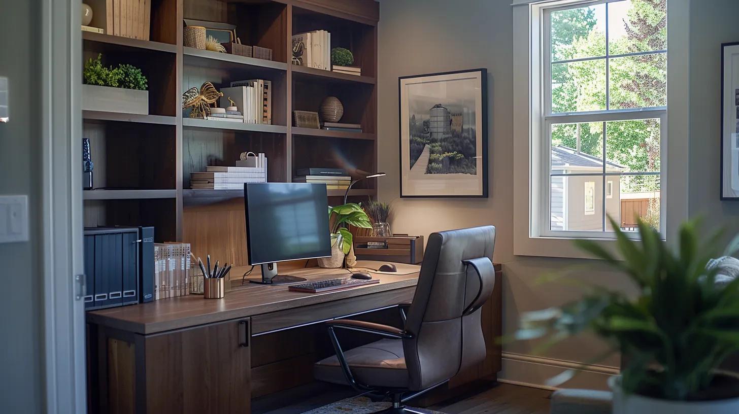 a modern, well-lit home office features a neatly organized workspace with mold remediation materials and cost-saving brochures clearly displayed, emphasizing practical solutions for homeowners looking to address mold issues efficiently.