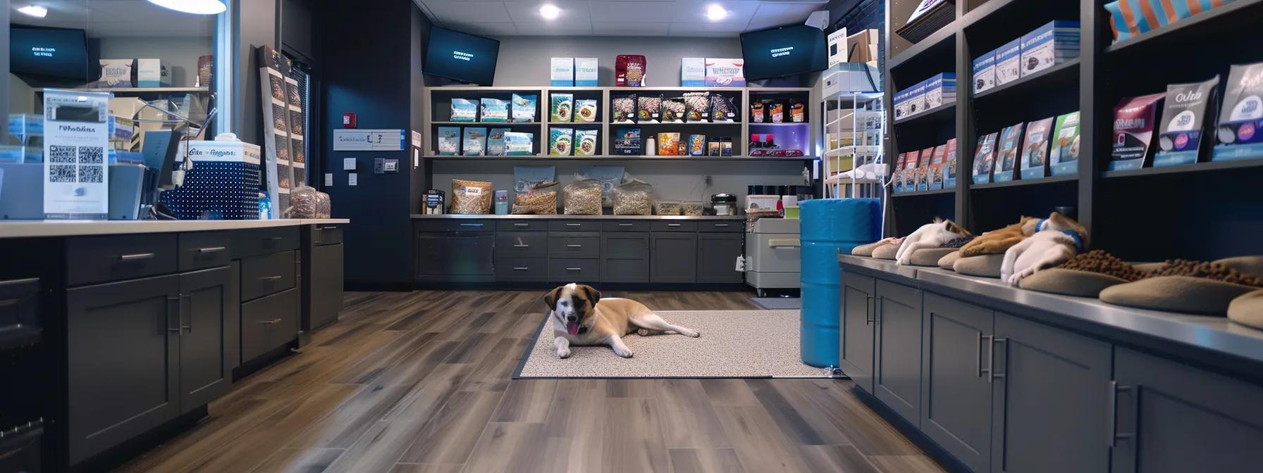 a modern, well-lit veterinary consultation room features an attentive dog resting on a plush mat, surrounded by an array of high-quality dog food bags tailored to different needs, emphasizing personalized nutrition and care. a modern, well-lit veterinary consultation room features an attentive dog resting on a plush mat, surrounded by an array of high-quality dog food bags tailored to different needs, emphasizing personalized nutrition and care.