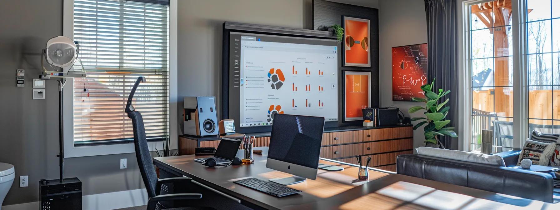 a modern, well-organized home office featuring a sleek desktop and an open layout, where a large financial planning presentation is displayed on a projector screen, symbolizing the meticulous budgeting and strategic investment involved in a utah bathroom remodel. a modern, well-organized home office featuring a sleek desktop and an open layout, where a large financial planning presentation is displayed on a projector screen, symbolizing the meticulous budgeting and strategic investment involved in a utah bathroom remodel.