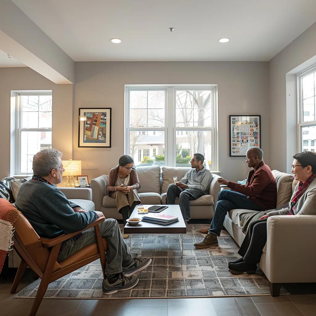 a modern, well-furnished group home interior showcases a diverse group of residents engaging in communal activities, highlighting the supportive and inclusive environment tailored for various needs.