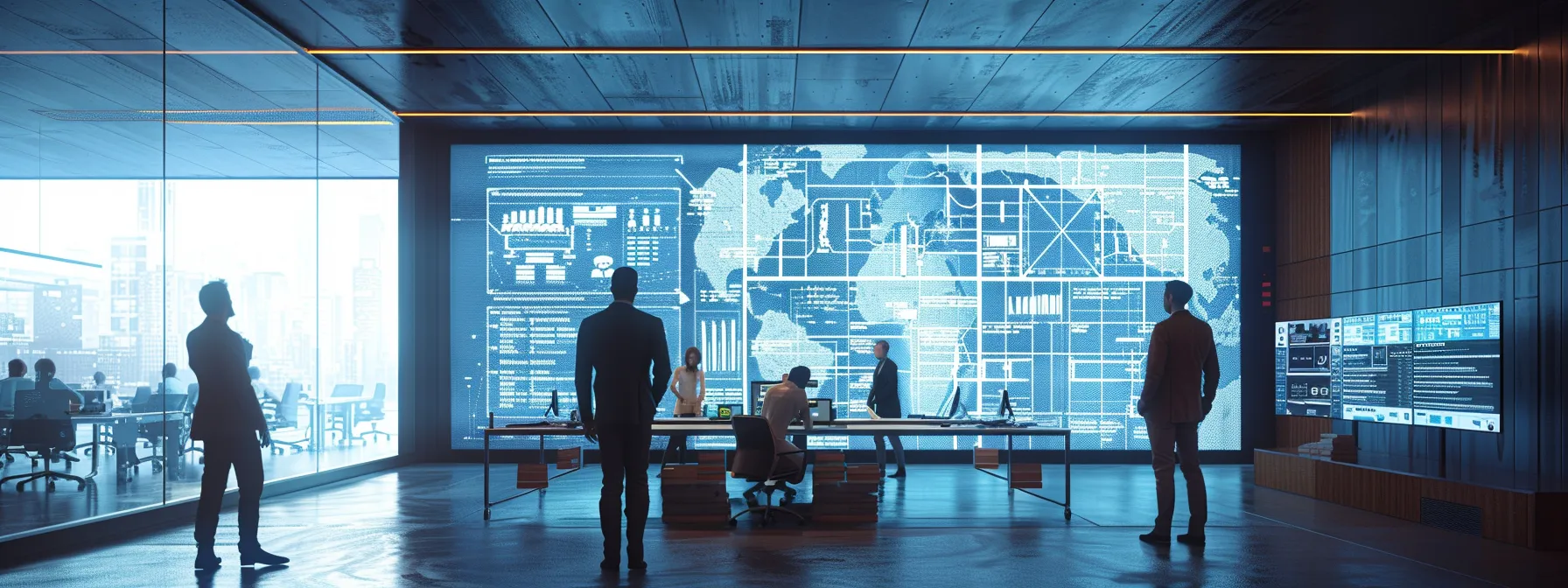 a modern, well-lit office setting showcases a focused team engaged in a discussion around blueprints and digital plans for land services, with a large screen displaying key factors for successful construction projects.