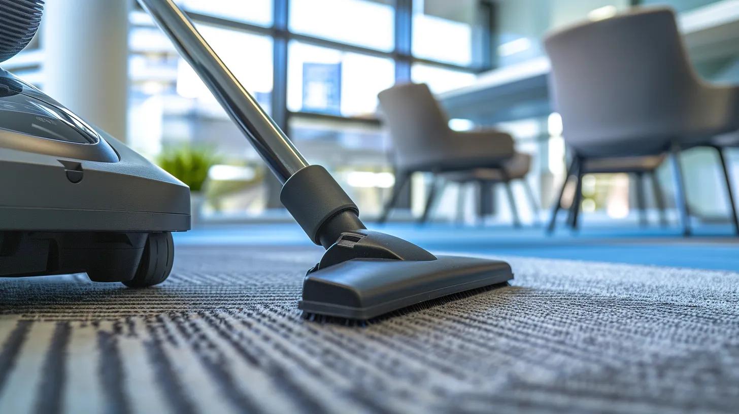 a modern, well-lit office space showcases a professional cleaning service in action, with a focus on gleaming carpets and pristine surfaces, emphasizing the health benefits and meticulous standards of comprehensive cleaning packages.