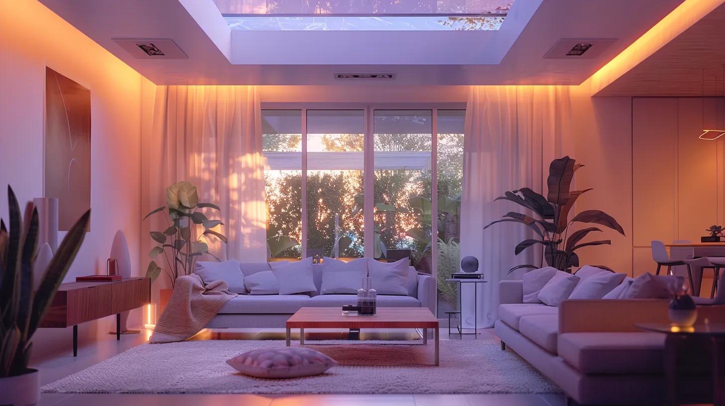 a modern, well-lit home interior showcases a newly-installed skylight above a chic seating area, with visible ceiling repairs and aesthetic finishing elements highlighting the potential ongoing expenses of skylight maintenance and upgrades.