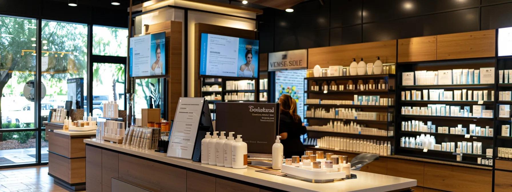 a modern, well-lit salon interior showcases a sleek waxing station with an inviting atmosphere, where a professional is preparing hypoallergenic products amidst a backdrop of organized service menus and glowing customer reviews displayed on a digital screen.