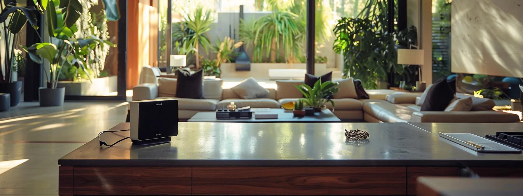 a modern, well-designed home interior showcases a sleek air quality monitor prominently displayed on a stylish countertop, with a warm, inviting ambiance emphasizing optimal comfort and a clean environment.