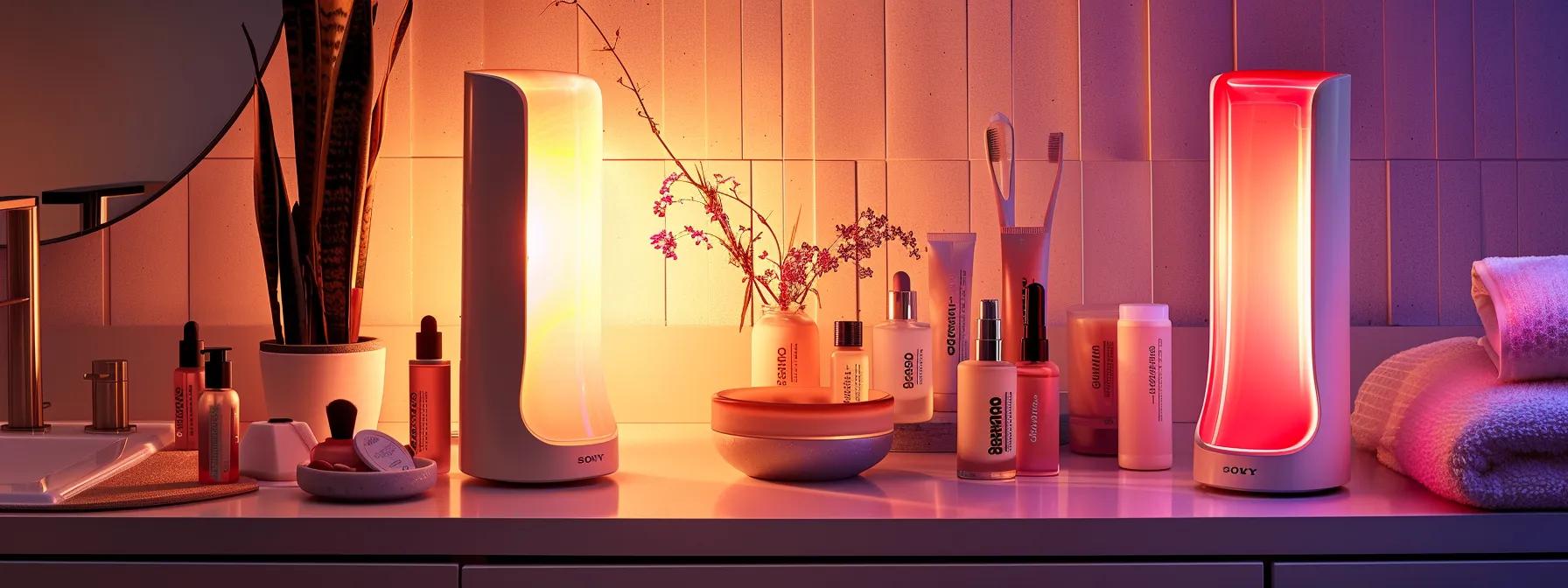 a modern, well-lit home spa setup showcases a sleek red light therapy device positioned on a minimalist table, surrounded by various skincare products, highlighting the importance of optimizing home treatments for effective skincare. a modern, well-lit home spa setup showcases a sleek red light therapy device positioned on a minimalist table, surrounded by various skincare products, highlighting the importance of optimizing home treatments for effective skincare.