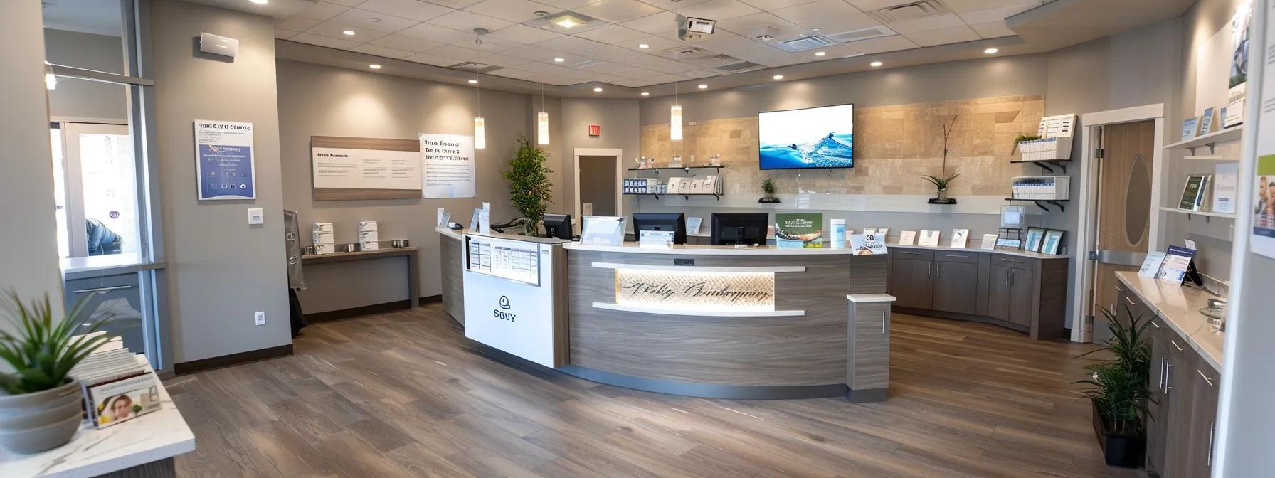 a modern, well-lit weight loss clinic reception area featuring sleek design elements, informative brochures on healthy living, and a backdrop of motivational weight loss success stories displayed on elegant screens. a modern, well-lit weight loss clinic reception area featuring sleek design elements, informative brochures on healthy living, and a backdrop of motivational weight loss success stories displayed on elegant screens.
