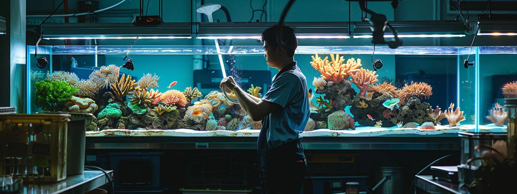a modern, well-lit aquarium setup showcasing vibrant aquatic life, with a technician meticulously inspecting and cleaning the sleek led lighting above the tank, conveying a sense of care and maintenance for optimal aquarium performance. a modern, well-lit aquarium setup showcasing vibrant aquatic life, with a technician meticulously inspecting and cleaning the sleek led lighting above the tank, conveying a sense of care and maintenance for optimal aquarium performance.