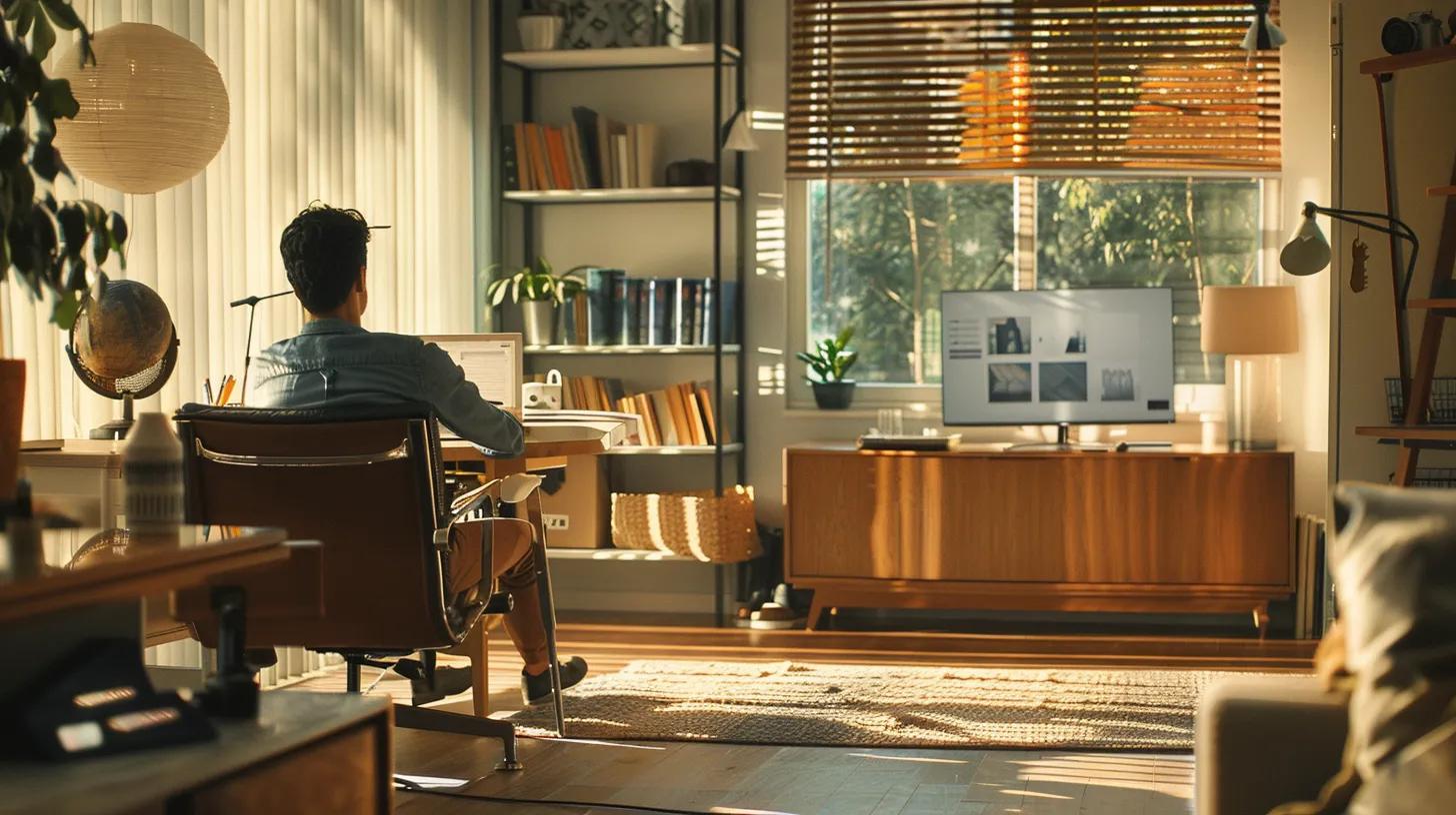 a modern, well-organized home office adorned with stylish, functional furniture, showcasing a dad reviewing a clutter-free environment while effectively managing common cleaning concerns.