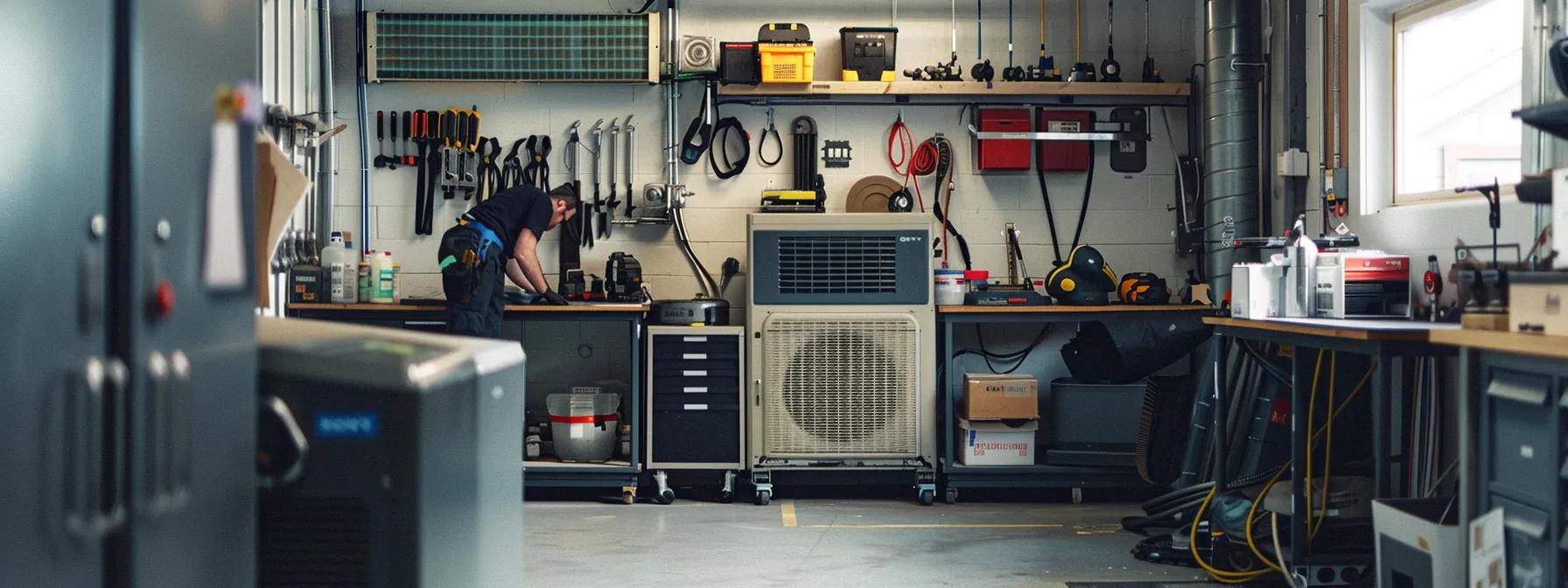 a modern, well-lit hvac maintenance workshop featuring a technician inspecting a sleek, innovative heating and cooling unit, with tools and safety gear neatly arranged on a workbench in the background, emphasizing the importance of system safety for households.