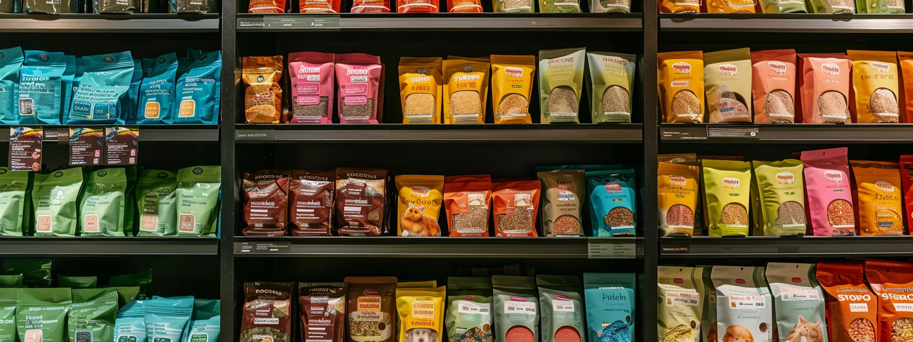 a modern, well-lit pet supply store shelf displays an array of colorful, carefully labeled puppy training treat packages, emphasizing grain-free and limited ingredient options tailored for sensitive stomachs, creating an inviting atmosphere for pet owners seeking the best nutrition for their puppies.