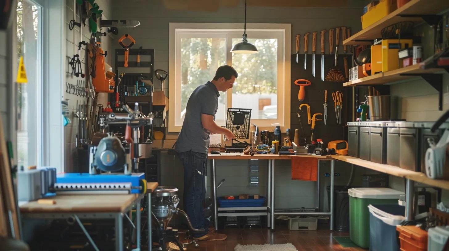 a modern, well-lit home workshop outfitted with various plumbing tools, featuring a homeowner thoughtfully assessing a minor plumbing issue, surrounded by instructional guides and essential equipment. a modern, well-lit home workshop outfitted with various plumbing tools, featuring a homeowner thoughtfully assessing a minor plumbing issue, surrounded by instructional guides and essential equipment.